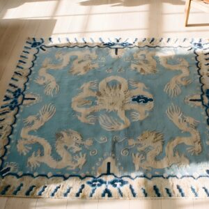 Antique 1930s Chinese Peking Blue Wool Square Rug - Small Scatter Size (SKU 22893) - styled overhead view