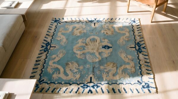 Antique 1930s chinese peking blue wool square rug - small scatter size 2 Antique 1930s chinese peking blue wool square rug - small scatter size (sku 22893) - styled overhead view