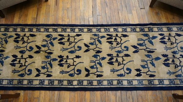 1930s antique chinese peking ivory wool hallway runner rug 2 1930s antique chinese peking ivory wool hallway runner rug (sku 25834) - styled overhead view