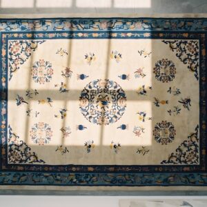 1930s Chinese Peking Knotted Wool Antique Ivory Rectangle Room Size Rug (SKU 22311) - styled overhead view