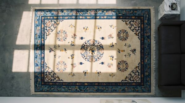 1930s chinese peking knotted wool antique ivory rectangle room size rug 2 1930s chinese peking knotted wool antique ivory rectangle room size rug (sku 22311) - styled overhead view