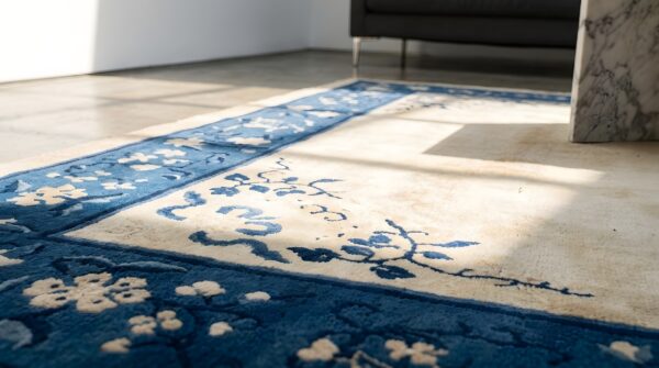 Antique 1930s chinese peking square rug - small scatter size wool ivory 7 Antique 1930s chinese peking square rug - small scatter size wool ivory (sku 22955) - in-room detail