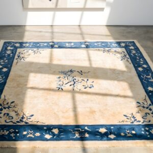 Antique 1930s Chinese Peking Square Rug - Small Scatter Size Wool Ivory (SKU 22955) - styled overhead view