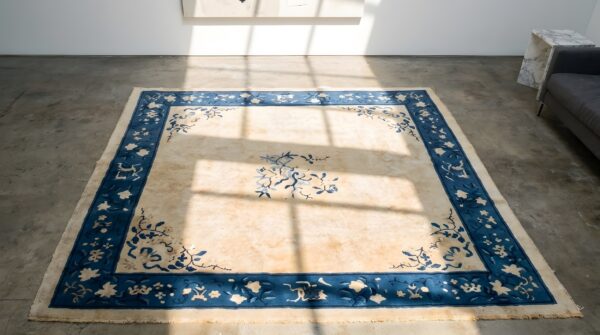 Antique 1930s chinese peking square rug - small scatter size wool ivory 2 Antique 1930s chinese peking square rug - small scatter size wool ivory (sku 22955) - styled overhead view