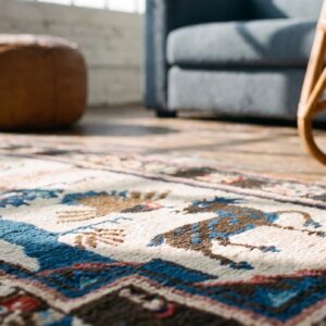 Antique Wool Knotted 1930s Chinese Small Scatter Size Ivory Rug (SKU 22564) - in-room detail