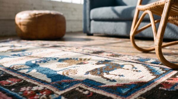 Antique wool knotted 1930s chinese small scatter size ivory rug 8 Antique wool knotted 1930s chinese small scatter size ivory rug (sku 22564) - in-room detail