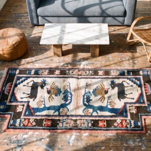 Antique Wool Knotted 1930s Chinese Small Scatter Size Ivory Rug (SKU 22564) - styled overhead view