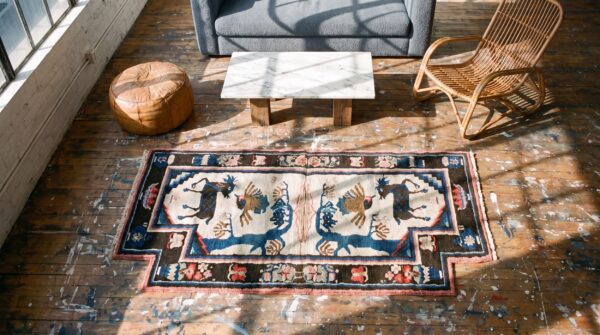 Antique wool knotted 1930s chinese small scatter size ivory rug 2 Antique wool knotted 1930s chinese small scatter size ivory rug (sku 22564) - styled overhead view