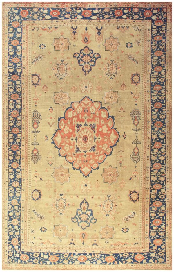 1930s classic allover medallion beige field antique knotted mahal rug