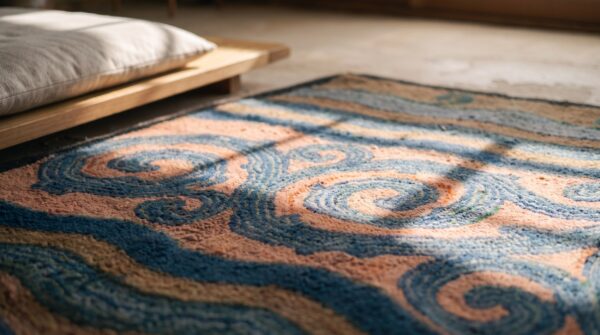 1930s antique coral wool small scatter size american hooked rug 7 1930s antique coral wool small scatter size american hooked rug (sku 20320) - in-room detail