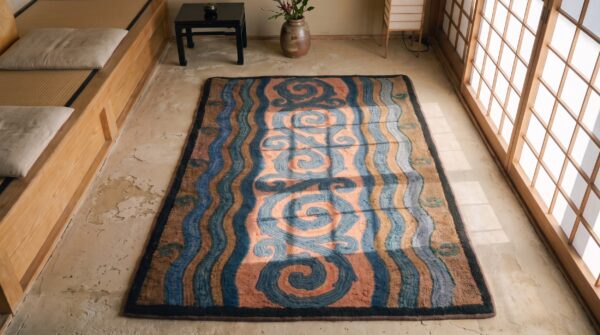 1930s antique coral wool small scatter size american hooked rug 2 1930s antique coral wool small scatter size american hooked rug (sku 20320) - styled overhead view