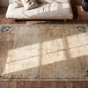 Antique 1930s Hand Knotted Pile Ivory Beige Cream White Chinese Art Deco Rug (SKU 22346) - styled overhead view