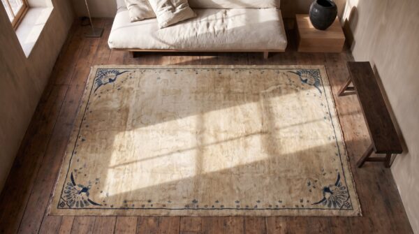 Antique 1930s hand knotted pile ivory beige cream white chinese art deco rug 2 Antique 1930s hand knotted pile ivory beige cream white chinese art deco rug (sku 22346) - styled overhead view