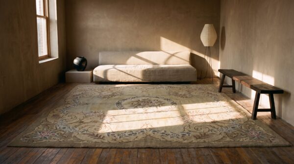 Wool antique 1930s ivory room size american hooked rug 8 Wool antique 1930s ivory room size american hooked rug (sku 21858) - room view