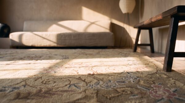 Wool antique 1930s ivory room size american hooked rug 9 Wool antique 1930s ivory room size american hooked rug (sku 21858) - in-room detail