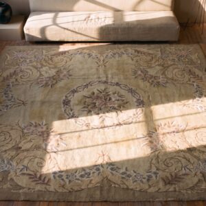 Wool Antique 1930s Ivory Room Size American Hooked Rug (SKU 21858) - styled overhead view