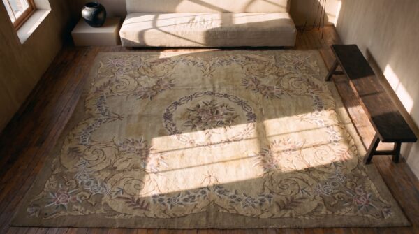 Wool antique 1930s ivory room size american hooked rug 2 Wool antique 1930s ivory room size american hooked rug (sku 21858) - styled overhead view