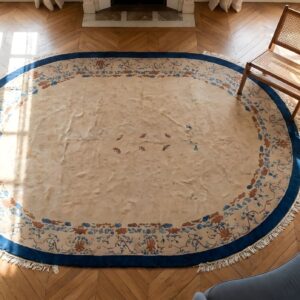 1930s Antique Peking Oval Ivory Rug - Chinese Knotted Room Size Wool (SKU 22138) - styled overhead view