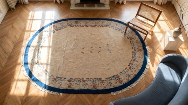 1930s antique peking oval ivory rug - chinese knotted room size wool 2 1930s antique peking oval ivory rug - chinese knotted room size wool (sku 22138) - styled overhead view
