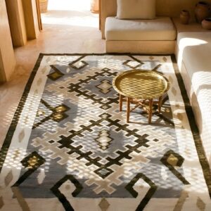 Antique 1930s Wool Rectangle Flat Weave Gray Rug (SKU 25174) - styled overhead view