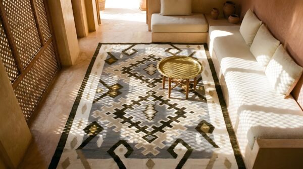Antique 1930s wool rectangle flat weave gray rug 2 Antique 1930s wool rectangle flat weave gray rug (sku 25174) - styled overhead view