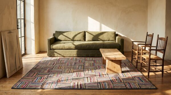 Antique 1930s small size american folk art basket weave pattern hooked rug 6 Antique 1930s small size american folk art basket weave pattern hooked rug (sku 20276) - room view