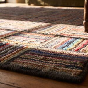 Antique 1930s Small Size American Folk Art Basket Weave Pattern Hooked Rug (SKU 20276) - in-room detail