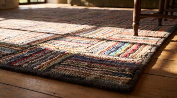 Antique 1930s small size american folk art basket weave pattern hooked rug 7 Antique 1930s small size american folk art basket weave pattern hooked rug (sku 20276) - in-room detail