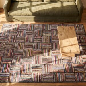 Antique 1930s Small Size American Folk Art Basket Weave Pattern Hooked Rug (SKU 20276) - styled overhead view