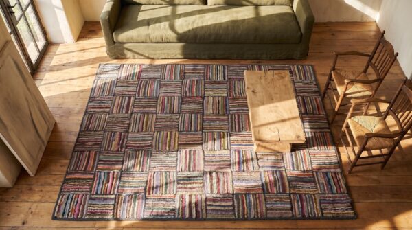 Antique 1930s small size american folk art basket weave pattern hooked rug 2 Antique 1930s small size american folk art basket weave pattern hooked rug (sku 20276) - styled overhead view