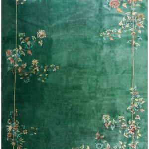 1930s Solid Green Field Floral Antique Chinese Art Deco Carpet Rug