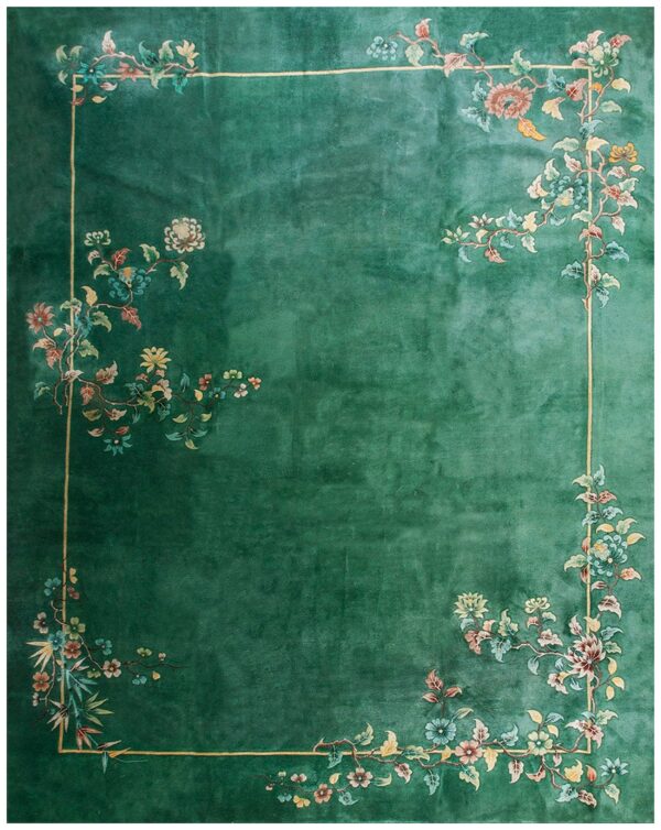 1930s solid green field floral antique chinese art deco carpet rug 1 1930s solid green field floral antique chinese art deco carpet rug