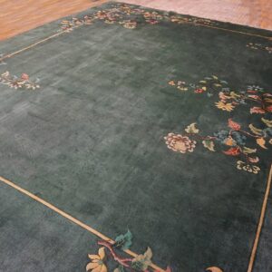 1930s Solid Green Field Floral Antique Chinese Art Deco Carpet Rug - detail view 1