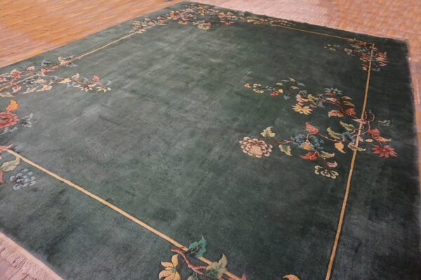 1930s solid green field floral antique chinese art deco carpet rug 2 1930s solid green field floral antique chinese art deco carpet rug - detail view 1
