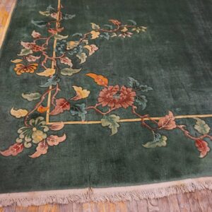 1930s Solid Green Field Floral Antique Chinese Art Deco Carpet Rug - detail view 2