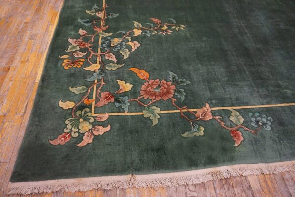 1930s solid green field floral antique chinese art deco carpet rug 3 1930s solid green field floral antique chinese art deco carpet rug - detail view 2