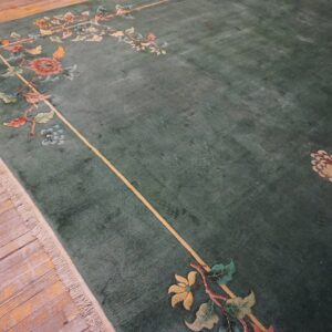 1930s Solid Green Field Floral Antique Chinese Art Deco Carpet Rug - detail view 3