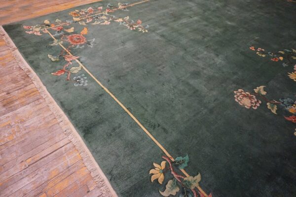 1930s solid green field floral antique chinese art deco carpet rug 4 1930s solid green field floral antique chinese art deco carpet rug - detail view 3