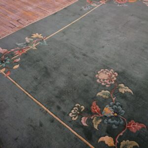 1930s Solid Green Field Floral Antique Chinese Art Deco Carpet Rug - detail view 4