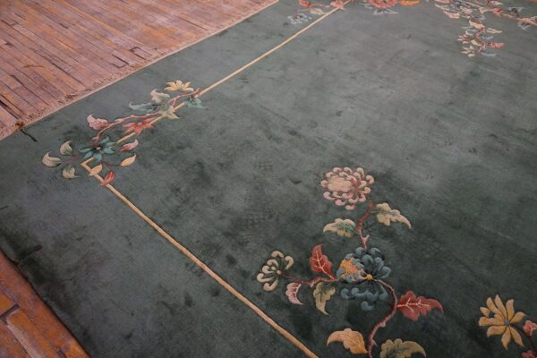 1930s solid green field floral antique chinese art deco carpet rug 5 1930s solid green field floral antique chinese art deco carpet rug - detail view 4