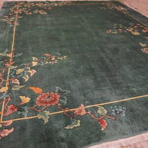 1930s Solid Green Field Floral Antique Chinese Art Deco Carpet Rug - detail view 5