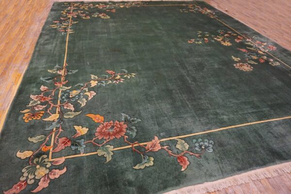 1930s solid green field floral antique chinese art deco carpet rug 6 1930s solid green field floral antique chinese art deco carpet rug - detail view 5