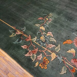 1930s Solid Green Field Floral Antique Chinese Art Deco Carpet Rug - detail view 6