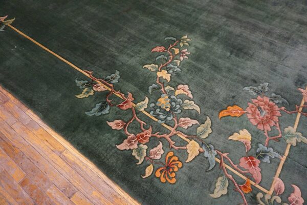 1930s solid green field floral antique chinese art deco carpet rug 7 1930s solid green field floral antique chinese art deco carpet rug - detail view 6