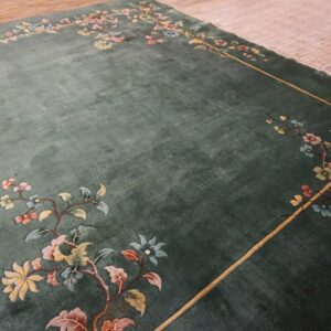 1930s Solid Green Field Floral Antique Chinese Art Deco Carpet Rug - detail view 7