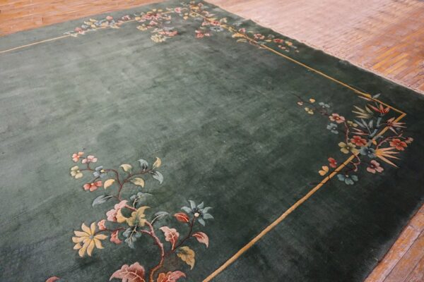 1930s solid green field floral antique chinese art deco carpet rug 8 1930s solid green field floral antique chinese art deco carpet rug - detail view 7
