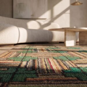 1930s Square American Hooked Antique Ivory Wool Scatter Rug (SKU 20497) - in-room detail