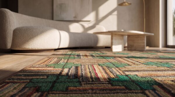 1930s square american hooked antique ivory wool scatter rug 9 1930s square american hooked antique ivory wool scatter rug (sku 20497) - in-room detail
