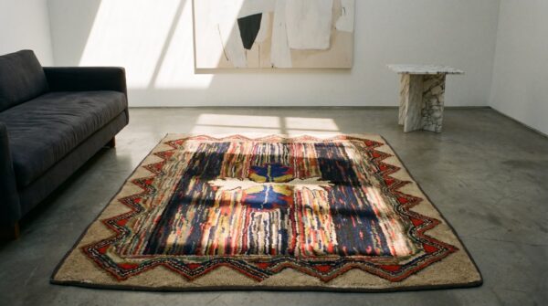 1930s antique hand knotted square wool floral medallion american rug (sku 17432) - room view