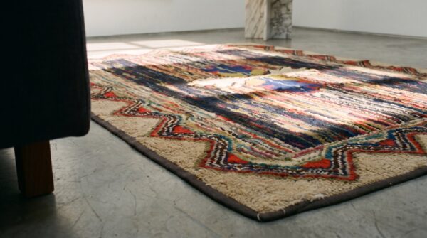 1930s antique hand knotted square wool floral medallion american rug (sku 17432) - in-room detail